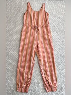 DREW Anthropologie Linen Blend Striped Jumpsuit Pink Tan Multi Bohohemian
